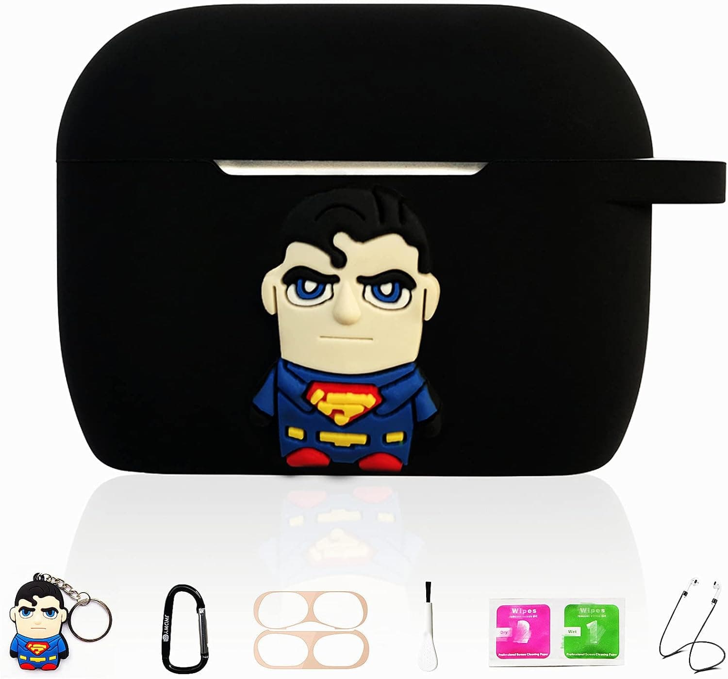 Super Man Silicone Cartoon Case for Apple Airpod Pro, 7 in 1 Accessories Set Protective Cover, Silicone Case/Stitch Keychain/Carabiner/Metal dust Sticker/Cleaning Brush/Anti-Lost Rope.The Best Gift