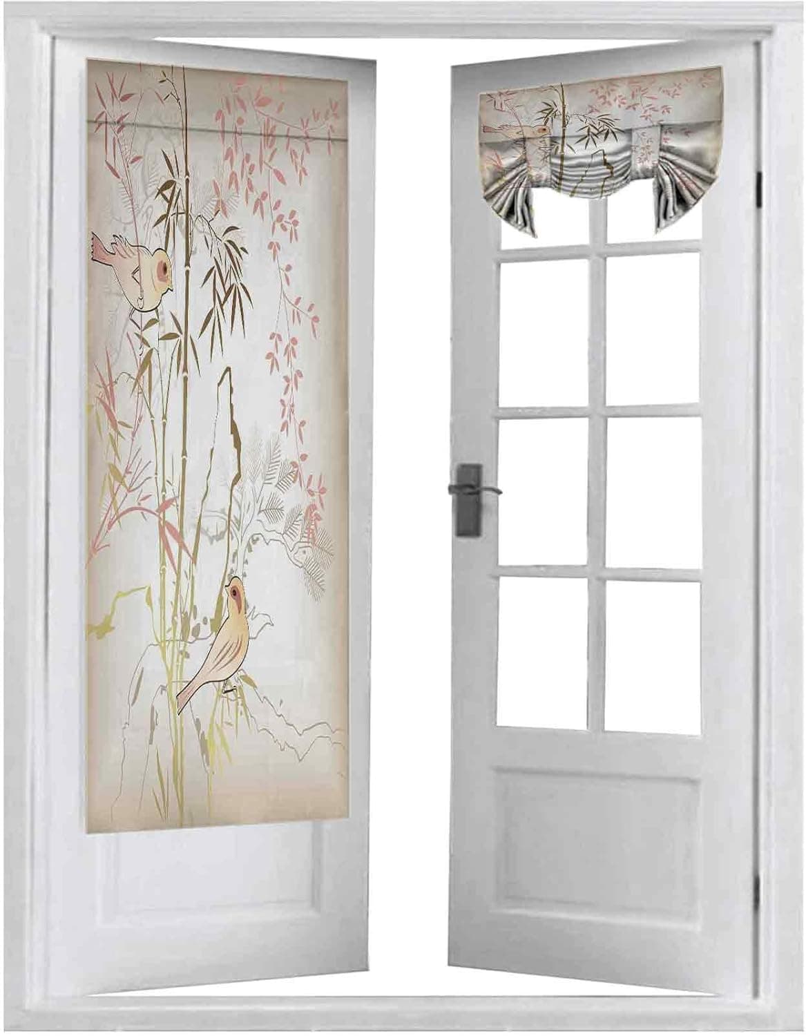 Blackout Curtain for French Doors, Nature Bamboo Leaf and Bird Design Illustration Floral Animal Print, 2 Panel-26" X 68" Tricia Curtain for Door Window Curtains,