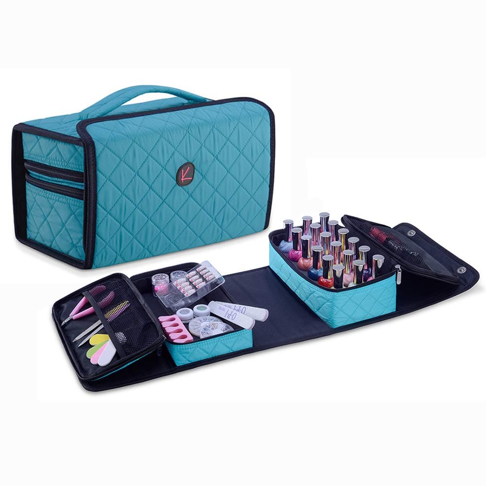 KIOTA Storage Case for Nail Polish and Manicure Set, Secure Soft Organizer with Magnetic Closure and Handle, Aqua