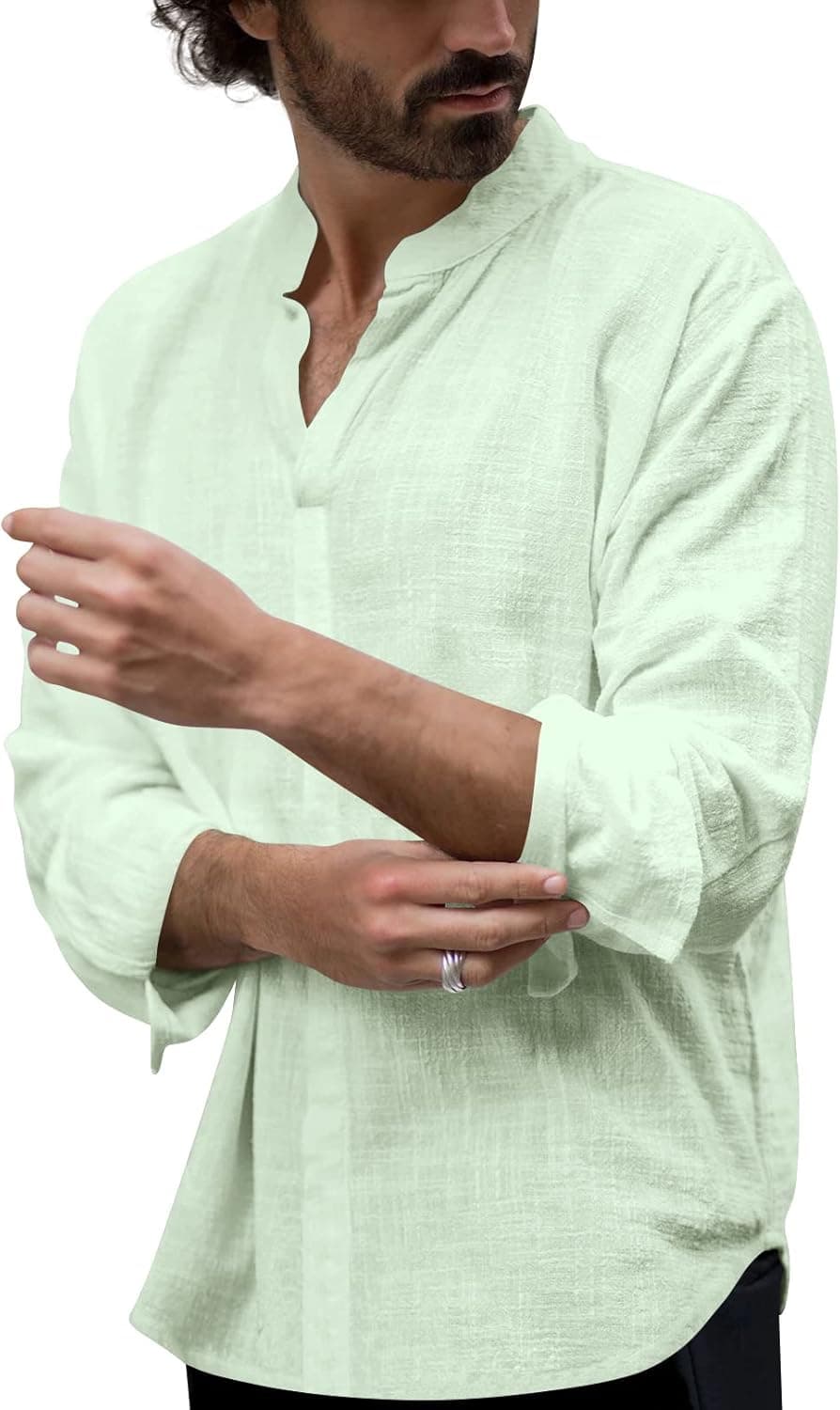 Hestenve Men's Henley Linen Shirts Long Sleeve Regular Fit Casual Beach Summer Tops