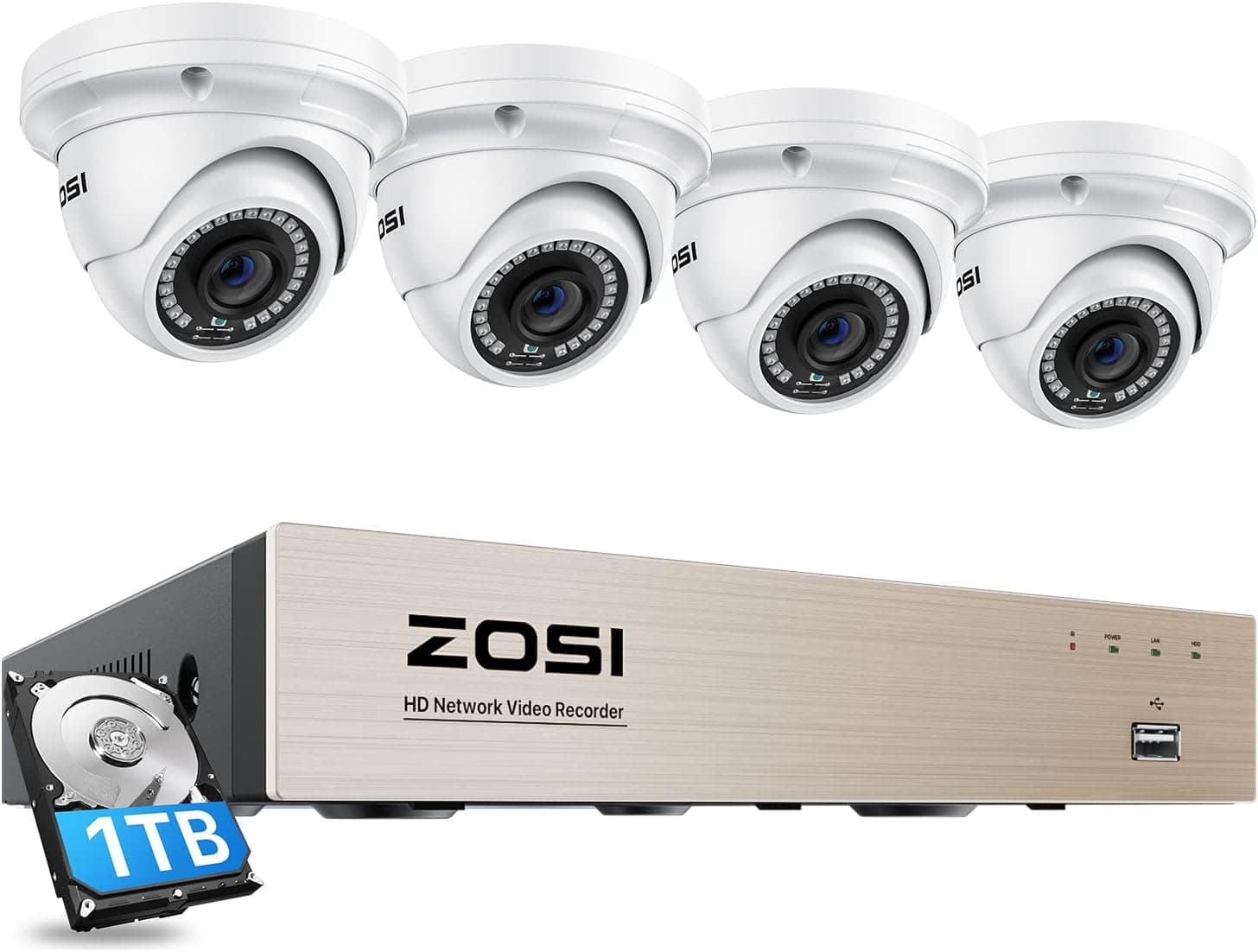 ZOSI 8CH 5MP PoE Home Security Camera System Outdoor with 1TB Hard Drive,H.265+ 5MP CCTV NVR,4pcs Wired 5MP Indoor Outdoor PoE IP Dome Cameras,80ft Night Vision,Remote Access for 24/7 Recording