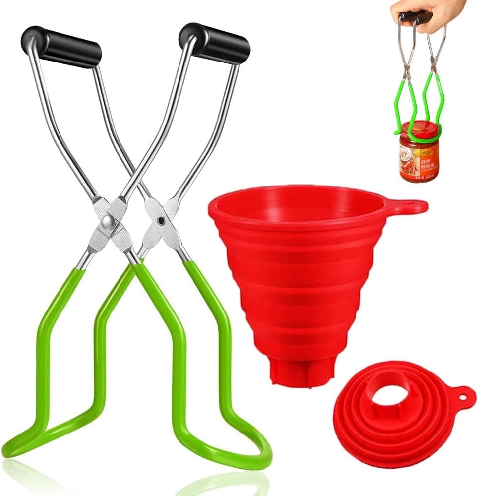 Canning Tongs Stainless Steel Canning Jar Lifter and Silicone Foldable Canning Funnel Compatible with Wide Mouth and Regular Jars for Home Canning Supplies Kits (Green)