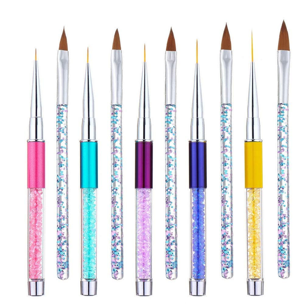 10 Pcs Nail Art Brushes, 3D Nail Design Brush Set Nail Liner Brush Nail Painting Pen with Acrylic Rhinestone Handles for Professional Salons and Home DIY Nail Supplies