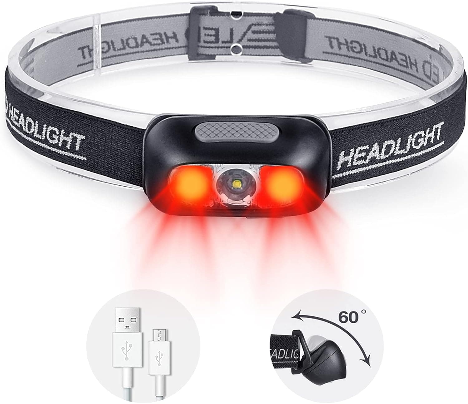 COSMOING Rechargeable Headlamp, 500 Lumen Ultra Bright Head Lamp 5 Lighting Modes with Red Light,IPX4 Waterproof Adjustable Strap Headlamp Flashlight for Adult Emergency, Running, Camping, Cycling
