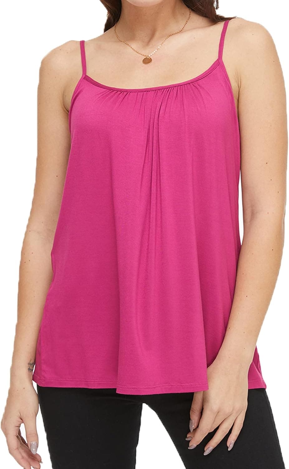RITERA Women's Tank Top with Built in Padded Bra Cotton Shirred Flowly Relaxed Cami Adjustable Straps Camisole with Pleats