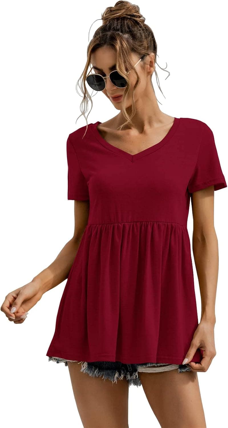 Dauocie Womens Basic Peplum Tops Summer Casual Short Sleeve V Neck Solid Babydoll Tunic Top