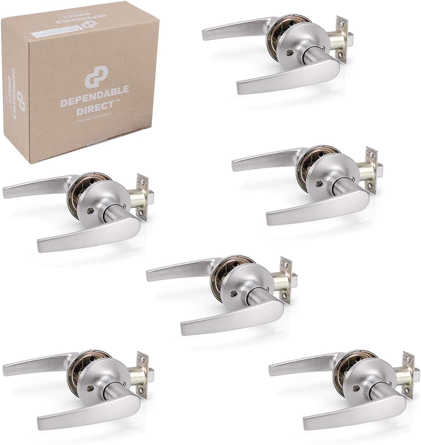 6 Pack of Straight Door Handle Lever Sets - Passage for Hallway, Closet - Satin Nickel