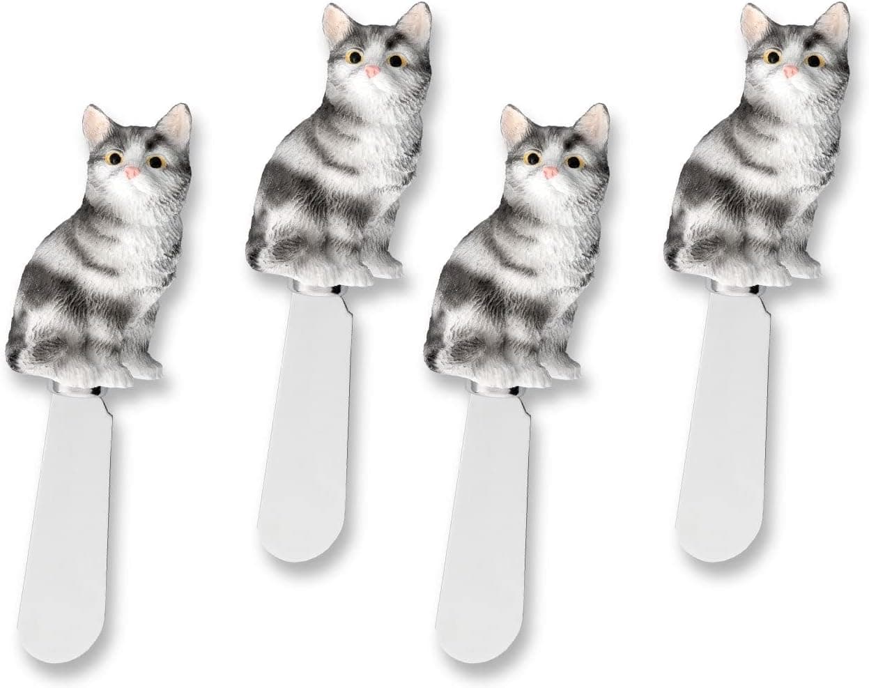 Supreme Housewares Cheese and Butter Spreader Knives Cat Shaped 4-Piece Hand Painted Resin Handle with Stainless Steel Blade Multipurpose Cheese Spreader set (American Shorthair)