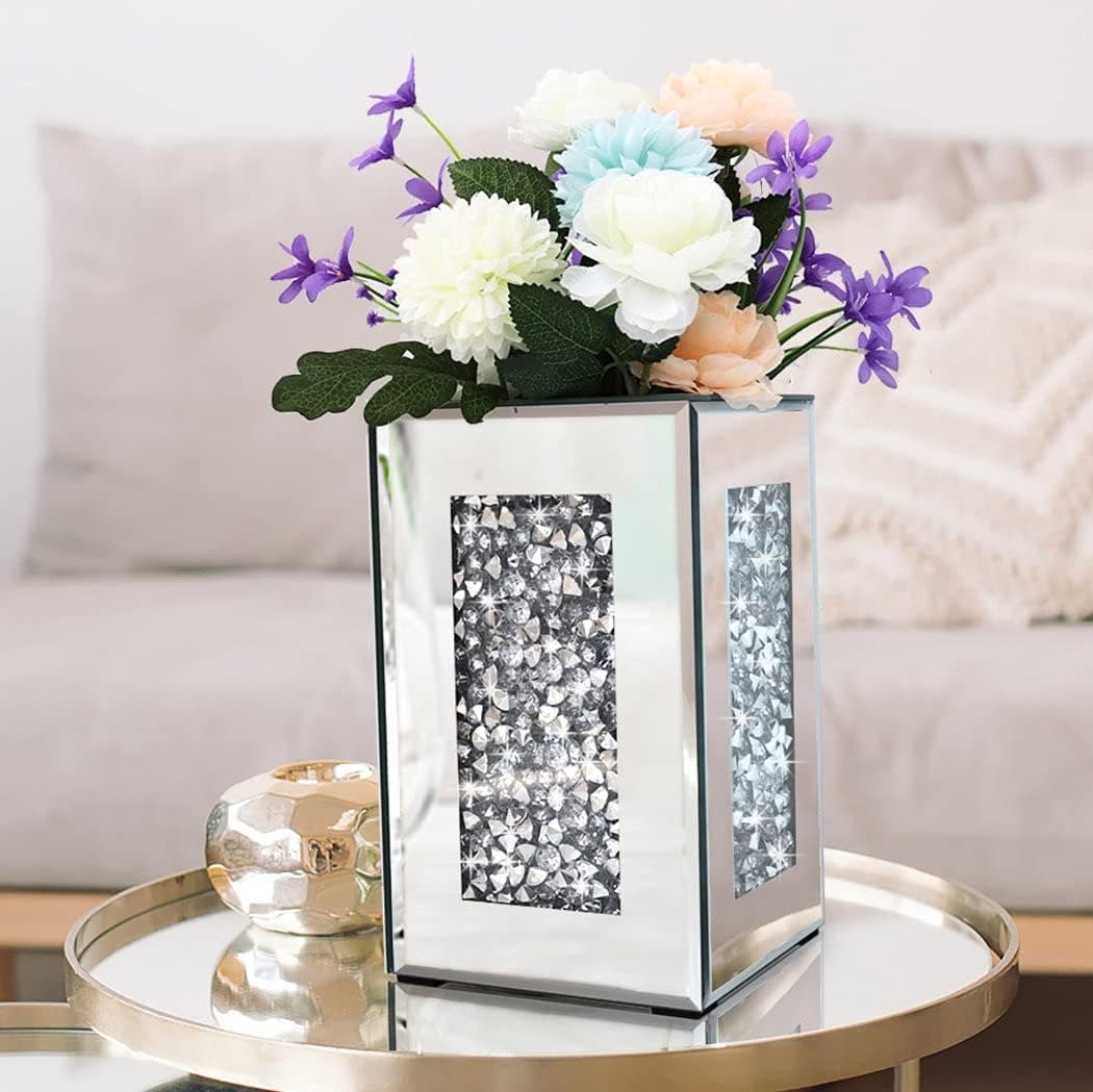 Crushed Diamond Mirrored Vase 6x6x10 inch Crystal Silver Glass Stunning Decorative Vase Flower Luxury for Home Decor. Can’t Hold Water.