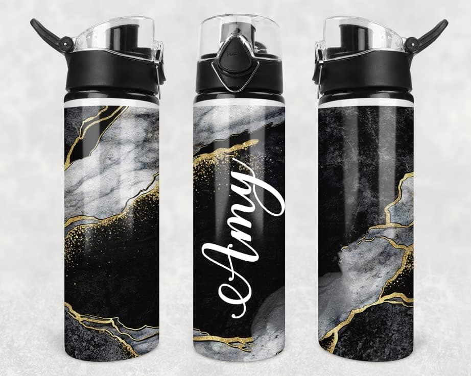Personalized Flip Top Water Bottle 25oz | Gym Water Bottle | Travel Cup | 750ml | Grey and Black Marble Gold Glitter Effect with Name