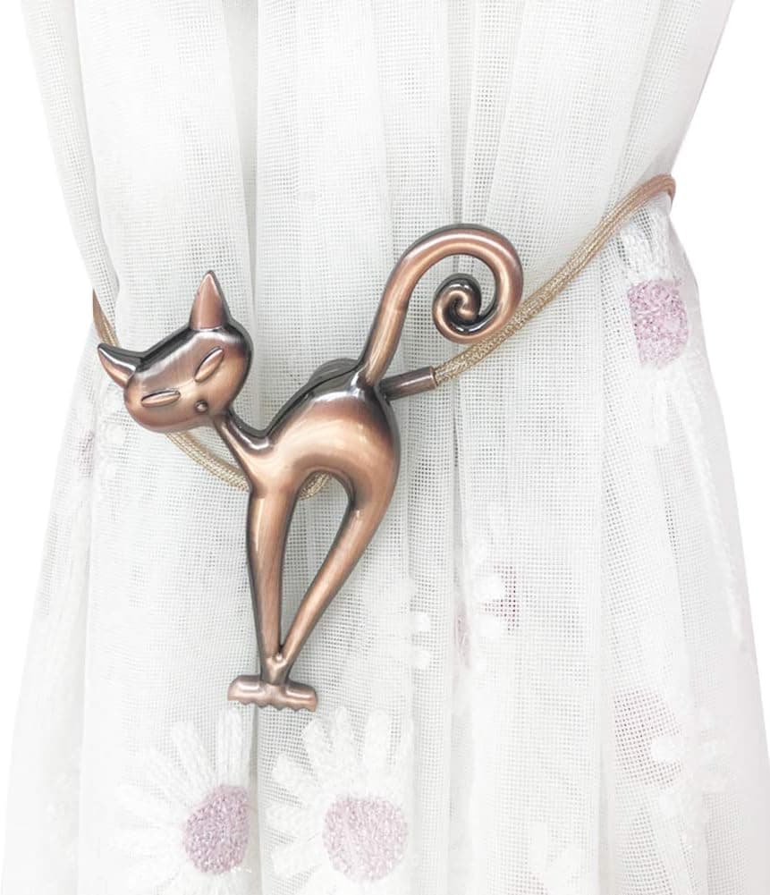 EleCharm One Pair Cat Curtain Tiebacks Magnetic Drape Holders Holdbacks Decorative Metal Clips No Drilling Home Office Decor (Copper)