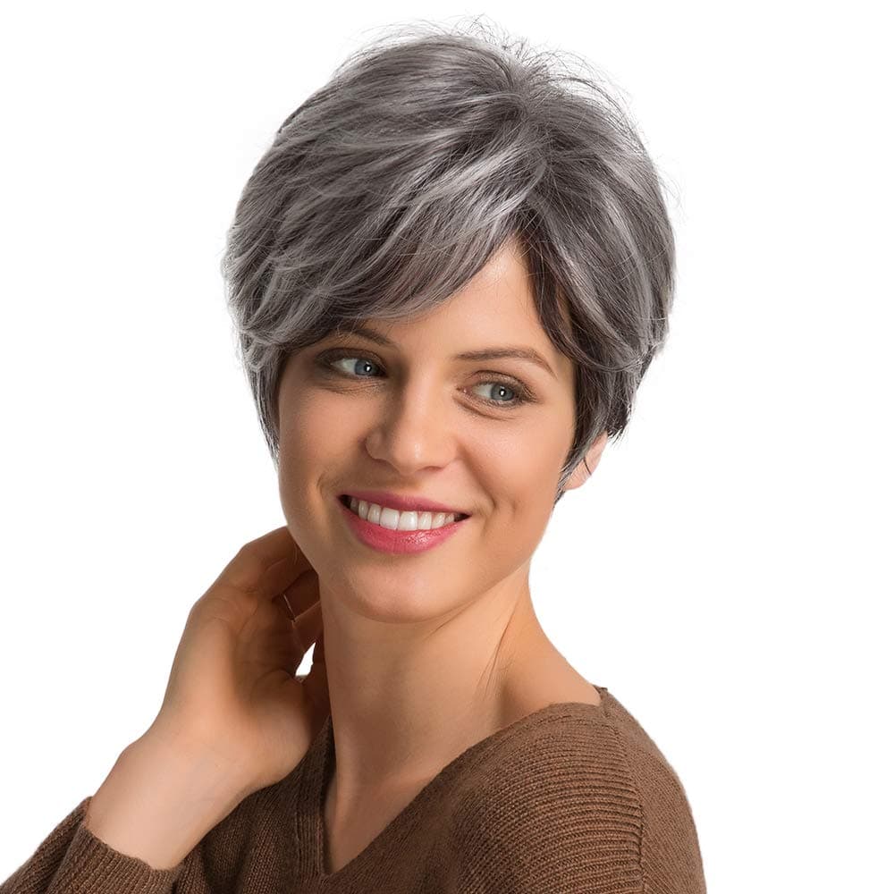 EMMOR Short Grey Human Hair Wigs for Women Blend with Healthy Memory Fiber Pixie Cut Wig,Natural Daily Hair (Color 2H600#)