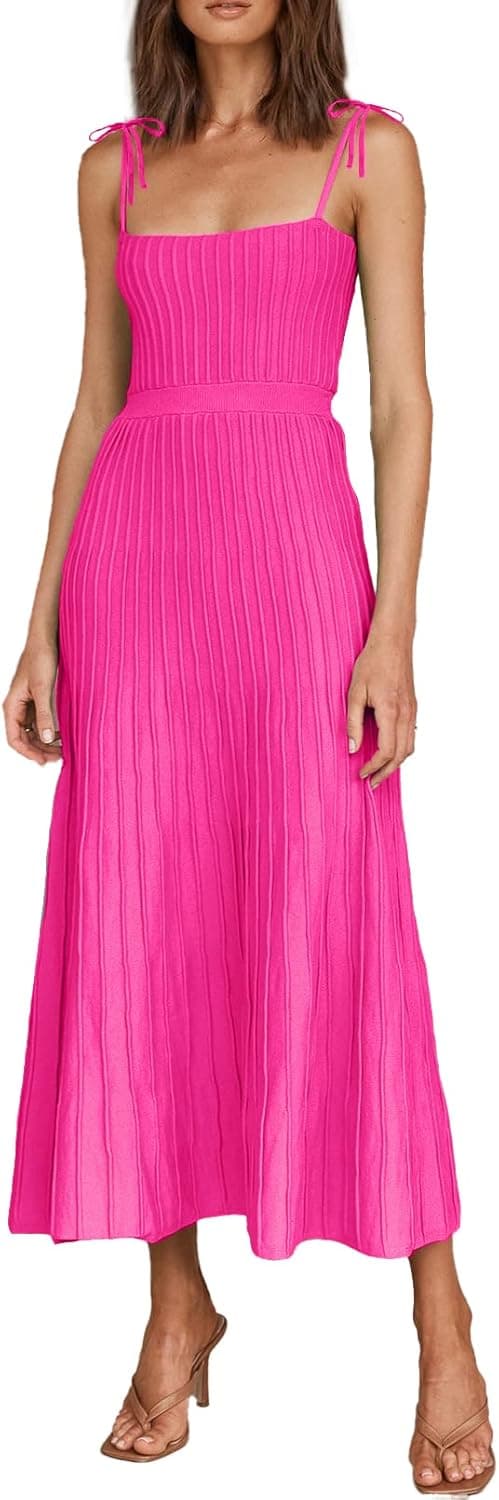 ARTFREE Womens Ribbed Knit Summer Maxi Dresses Tie Straps Square Neck Party Long Dress