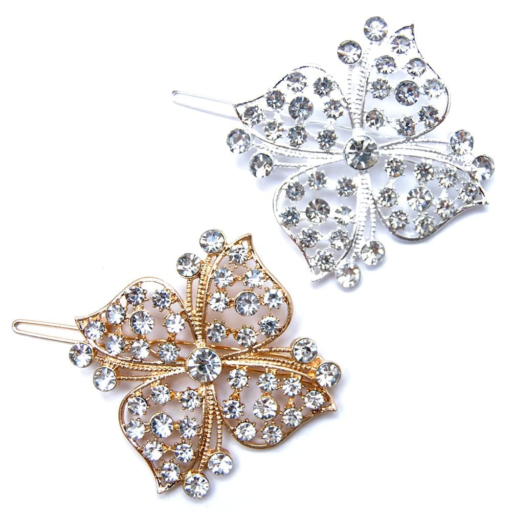 Luxxii - Clear Fancy Rhinestone Crystal Hair Barrette Clip Hair Pin (Pack 2, Silver & Gold Tone_C)