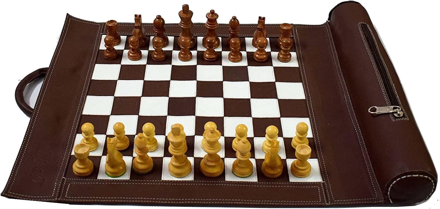 19"X15" Vintage Geniuine Leather Chess Set (Chess Size-12"X12") - with 3" King Size Chess Pieces & Roll-Up Attachable Chess Bag Vinyl Leather Chess Board by-Wigano (Black) (Brown)