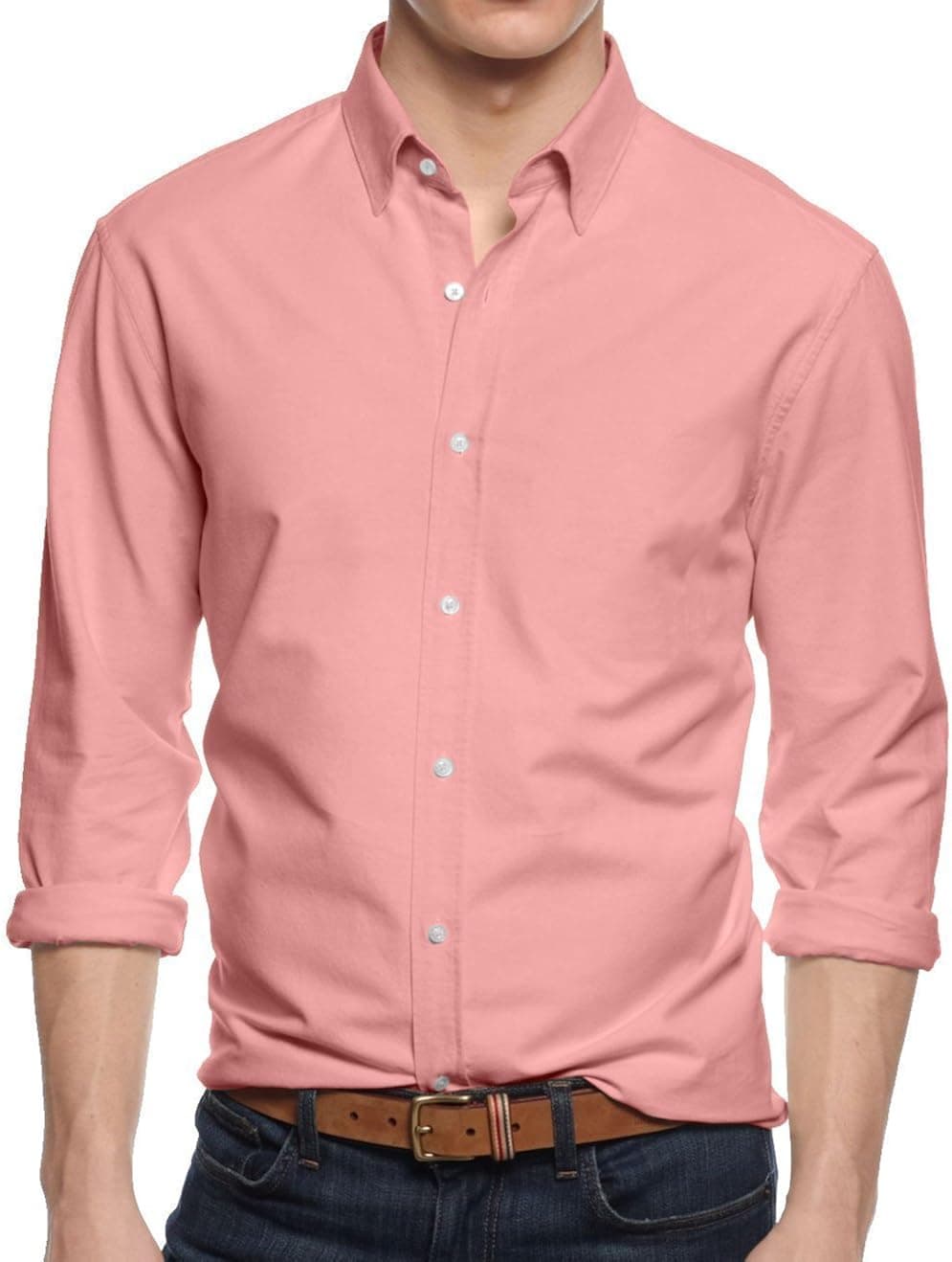 HB Men's Slim Fit Button Down Casual Long Sleeve Dress Shirt  - Large / 16-16.5 - Pink