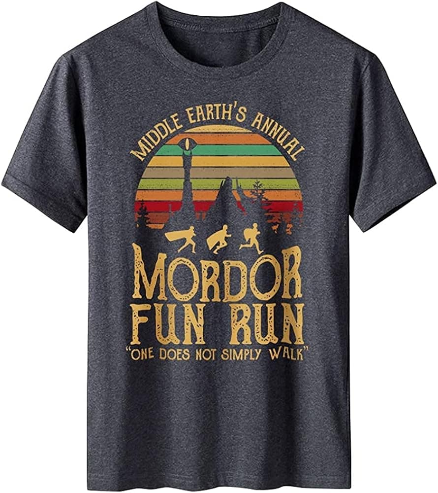 LSDSKD Middle Earth's Annual,Mordor Fun Run,One Does Not Simply Walk Short Sleeve T-Shirt for Men (Grey,XL)