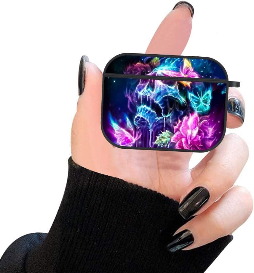 for Airpods Pro Case Cover (2019 Released), Beautiful Skull Design Hard Plastic Skin Cover Shock-Absorbing Magnetic Protective Case with Keychain for Wireless Airpods Pro /3 - Black