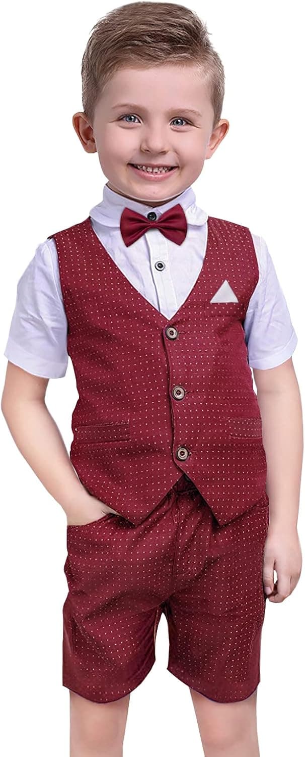 Dinysuos Suits for Boys Kids Summer Tuxedo Outfit Short Sleeve White Shirt + Bowtie + Shorts + Vest Formal Dress 3-7 Years