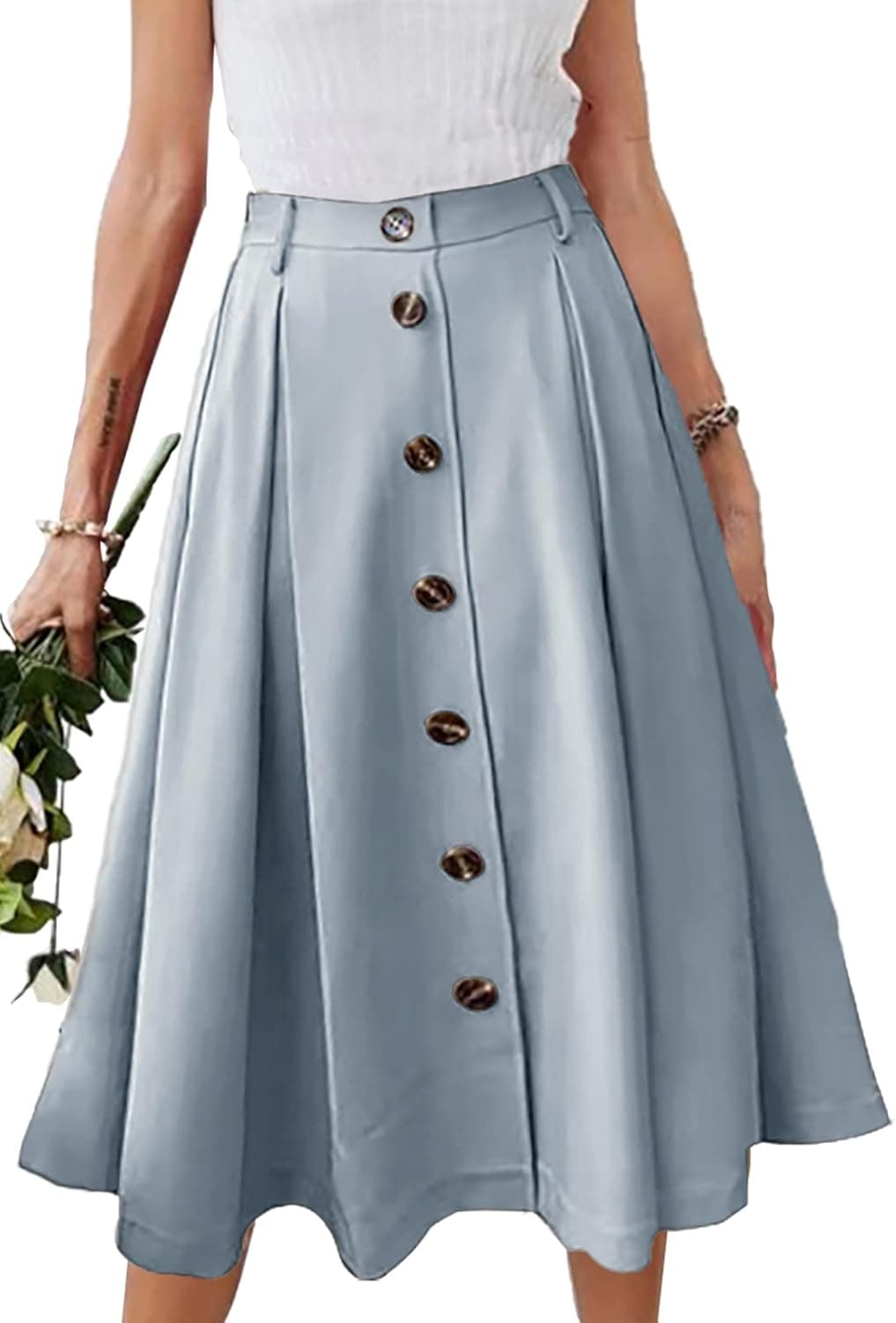 HERBATOMIA Pleated A-line Midi Skirt Elastic Waist Button Front Casual Flared Long Skirts with Pocket for Women