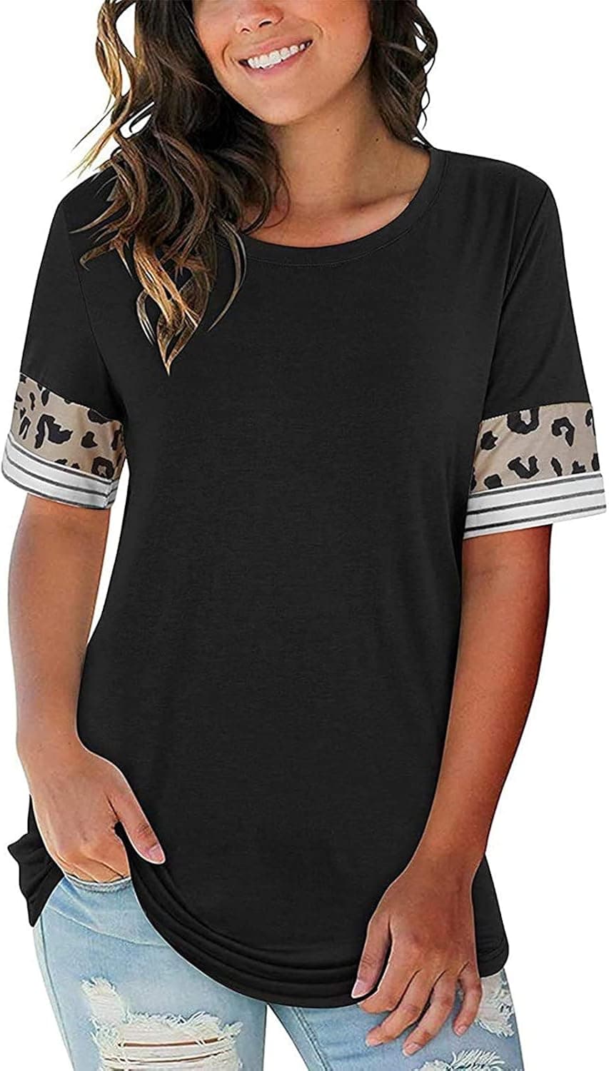 YONYWA Womens Plus Size Leopard Short Sleeve T Shirts Crew Neck Stripes Tees Basic Summer Tunics Tops