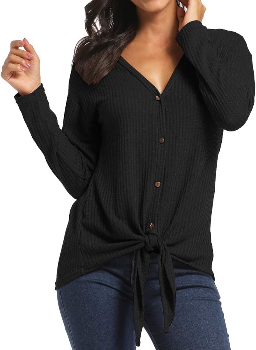 INWECH Women's Casual Button Down Front Knot Knit Sweaters Shirts Henley Long Sleeve V Neck Tunic Blouse Tops (Black, Medium)