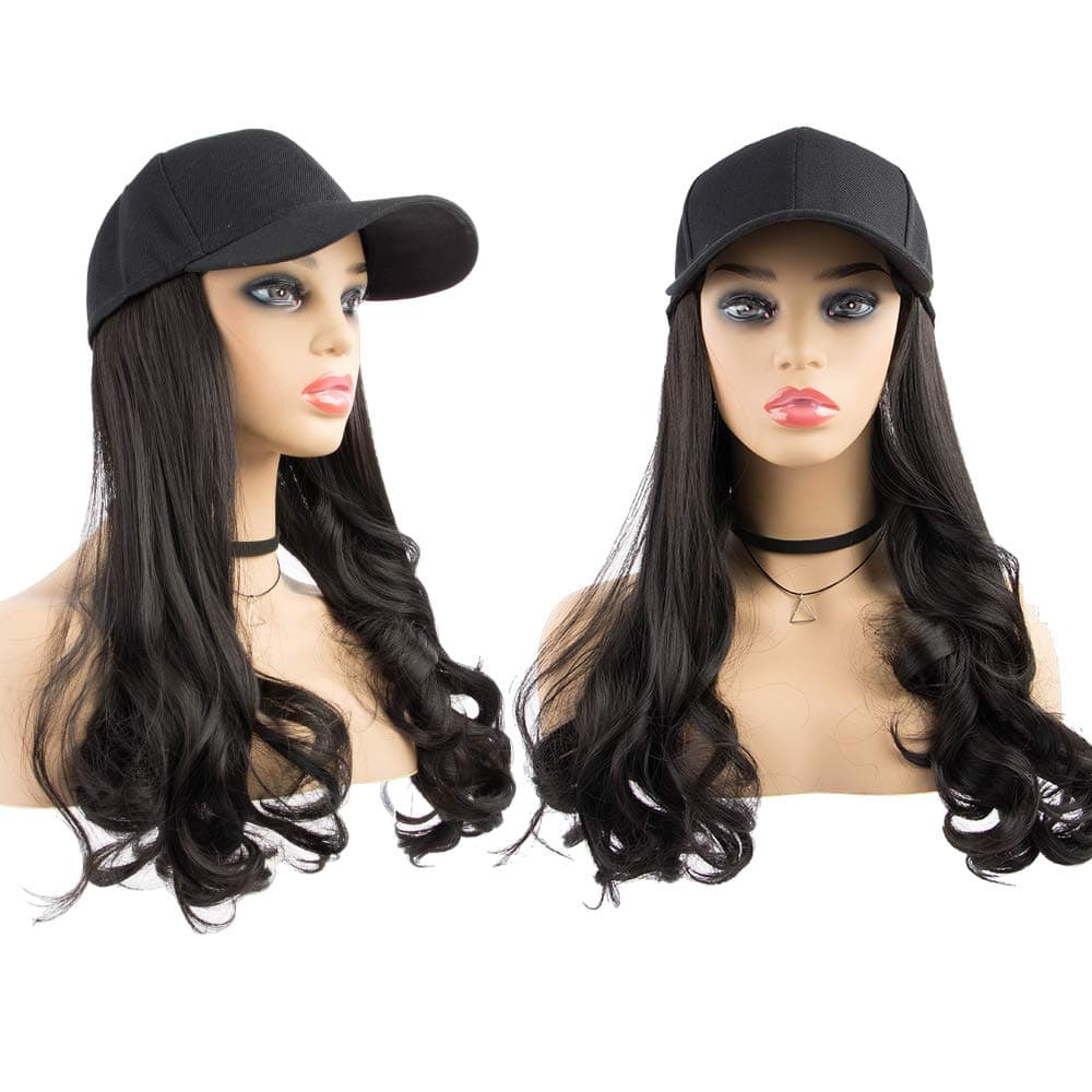 sedittyhair MALAIKA Baseball Cap With Hair Extensions Natural Hat Wig Synthetic Hair With Attached Black Hat With Long Funmi Curly Hair Extensions For Women Daily Party Use - Black Brown