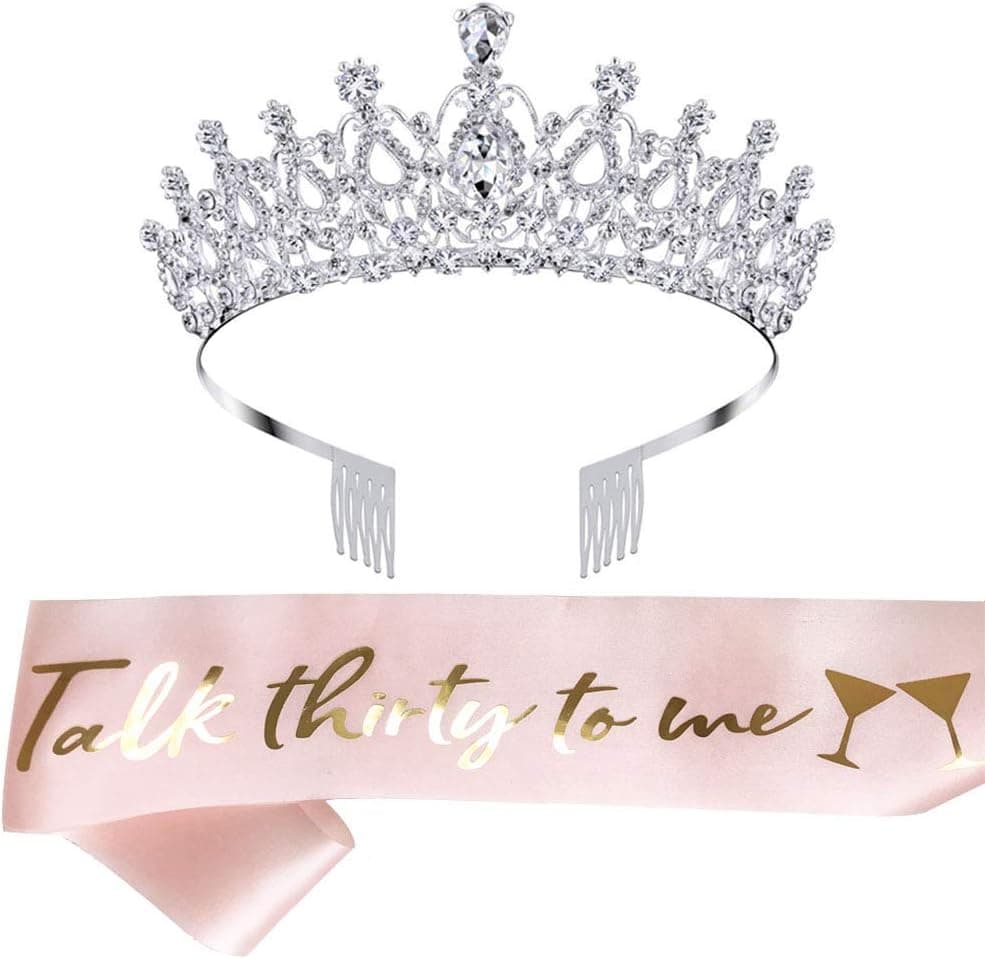 LAUMAY 30th Birthday Sash and Tiara Kit, Talk Thirty to Me Sash, Birthday Gifts for Girls Party Supplies Favors Decorations (Pink)