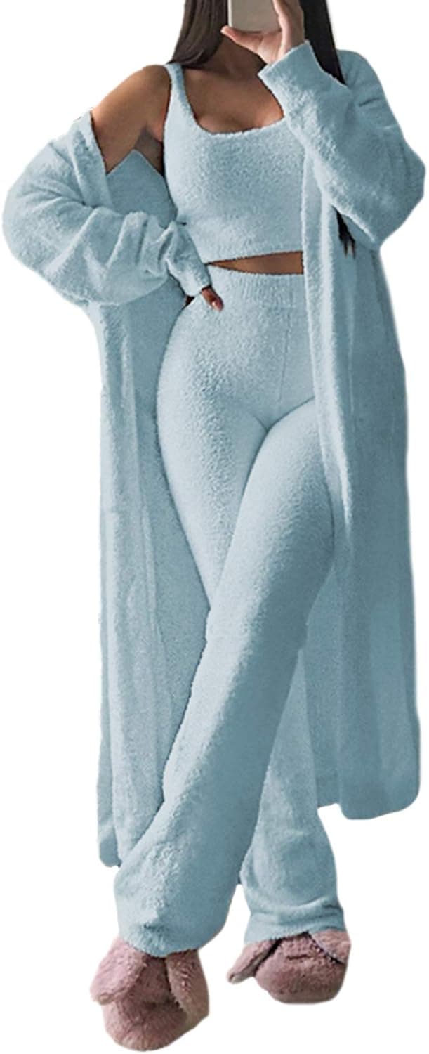 VamJump Womens Pajama Set Scoop Neck Vest Tops High Waist Pants Kimono Cardigan 3 Pcs Set,Light Blue,S