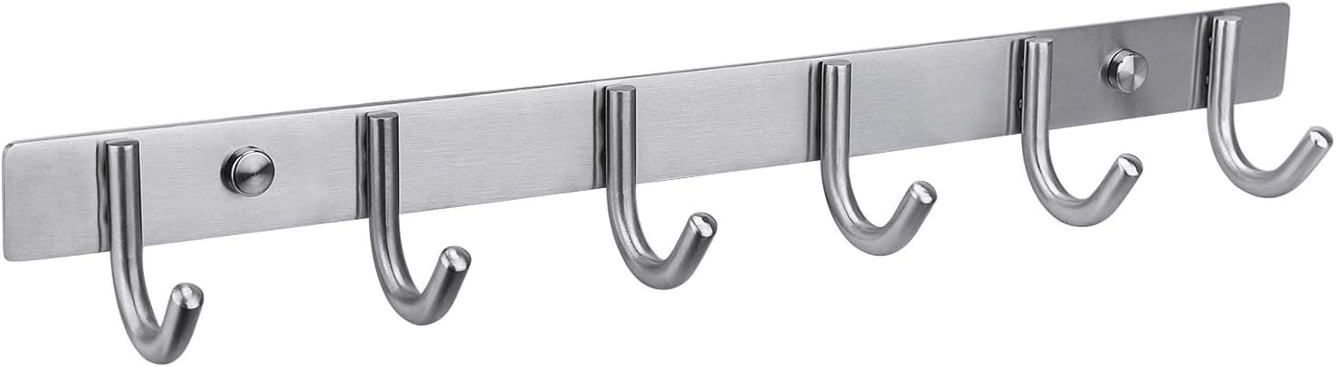 HOMEIDEAS Coat Hook Rack Wall Mounted 16-Inch SUS304 Stainless Steel Brushed Nickel Hook Rail with 6 Heavy Duty Hooks