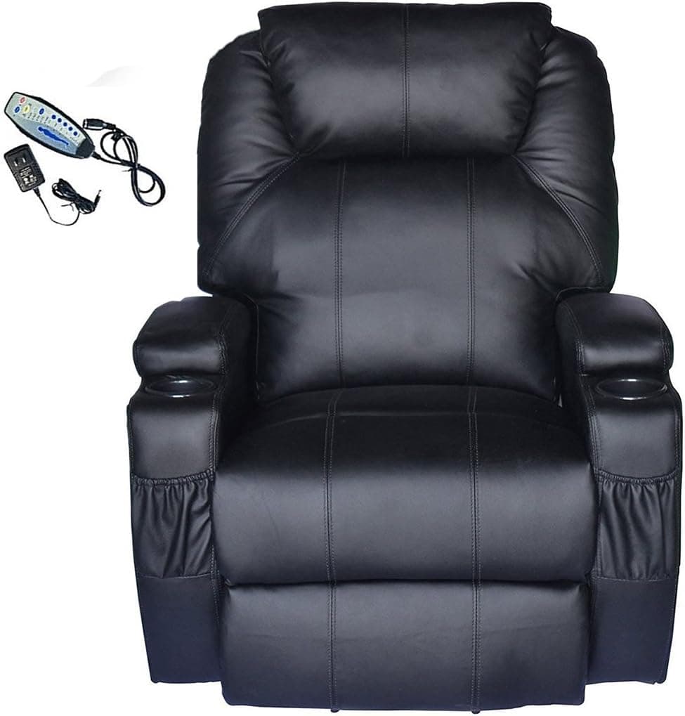 Tenive PU Leather Swivel Rocker Massage Recliner Chair with 8 Vibrating Nodes and Control Back- Black