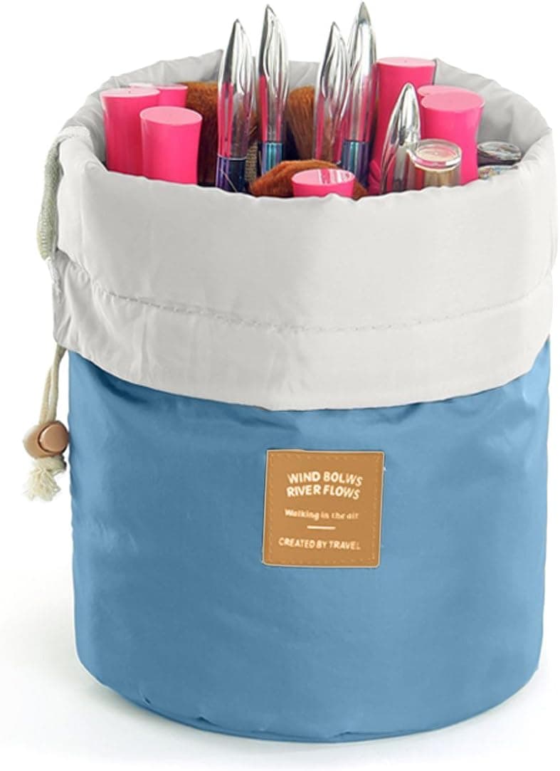 HJSMing Bathroom Folding Bag Travel Barrel Toiletry Bag Large Capacity Storage Organizer Travel Portable Cosmetic Bag Bucket Makeup Bag with Pouch(Blue)
