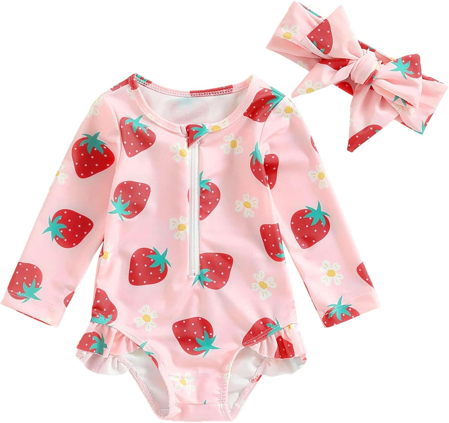 Baby Girls Swimsuit One Piece Floral Zipper Ruffle Toddler Bathing Suit Rash Guard Long Sleeve Swimwear Beach Outfit