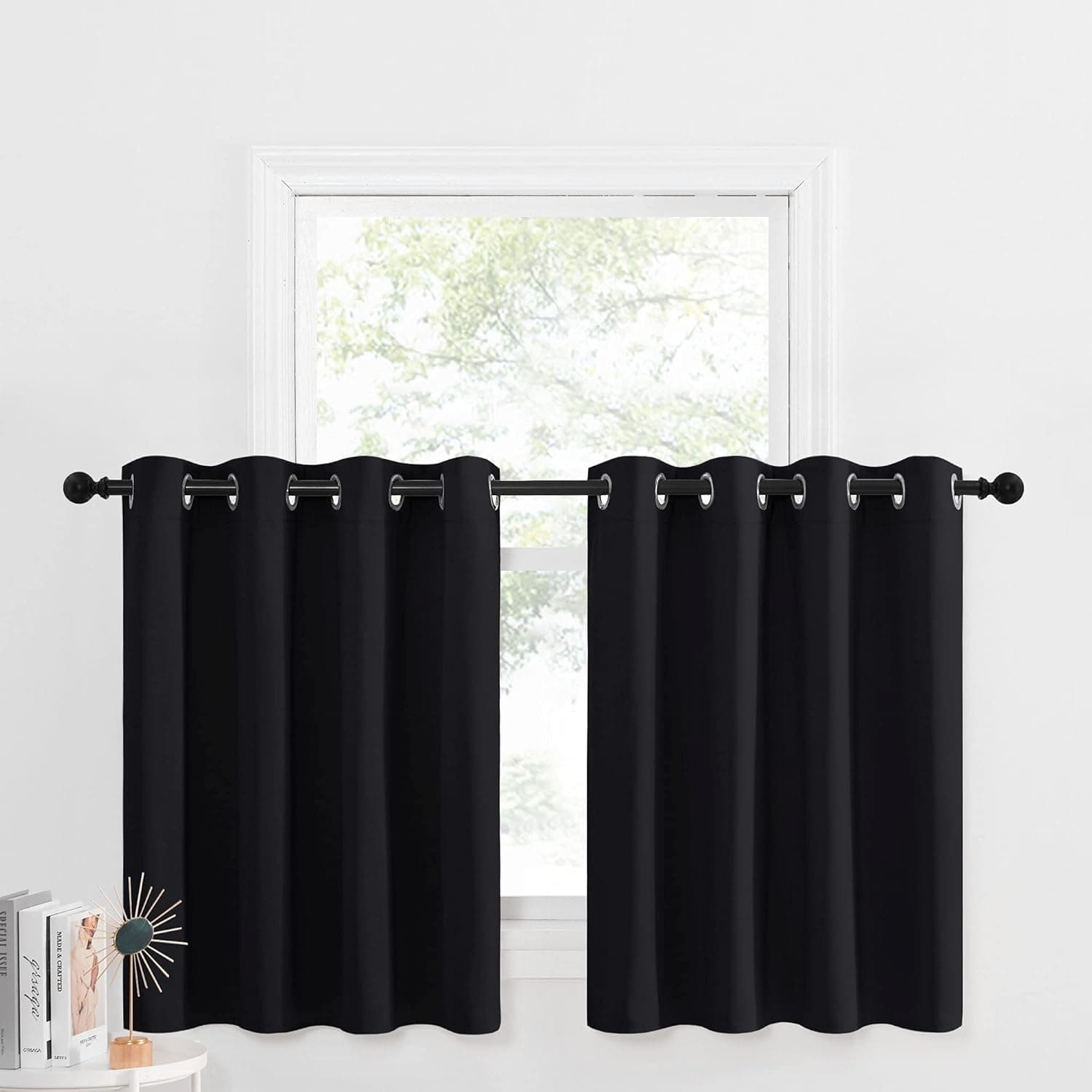 NICETOWN Blackout Valance for Small Window - Thermal Insulated Room Darkening Plain Grommet-Top Short Curtain Panel for Cafe Bar/Apartment (1 Pack, W52 x L36 + 1.2 inches Header, Black)