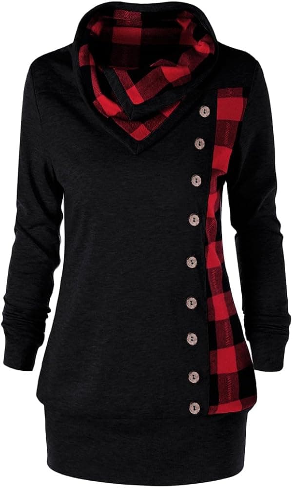 Rosegal Women's Plus Size Cowl Neck Single Breasted Long Sleeves Plaid Sweatshirt(Red,2XL)