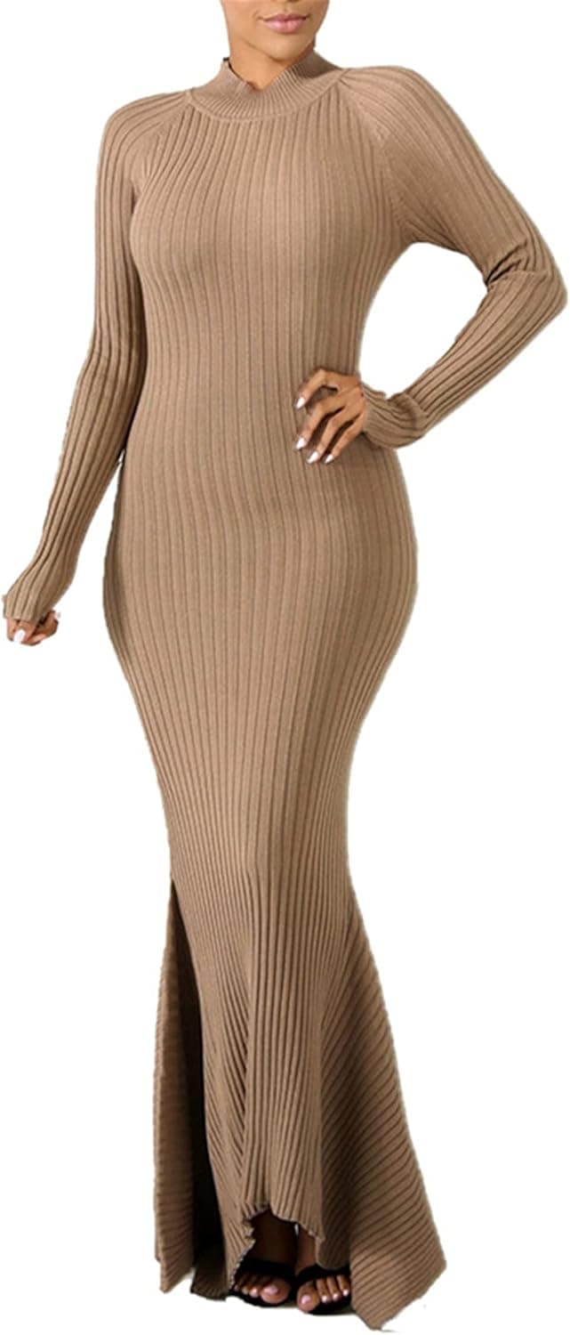 Women's Long Sleeve Slim Fit Ribbed Sweater Solid Color Mermaid Bodycon Pencil Dress Khaki XXL