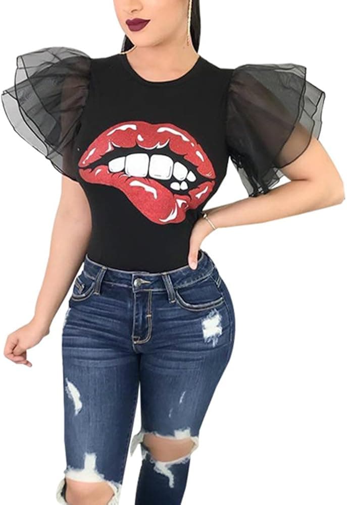 Dreamparis Women's Funny T-Shirt Big Mouth Print Short Ruffle Mesh Sleeve Round Neck Slim Tops X-Large Black