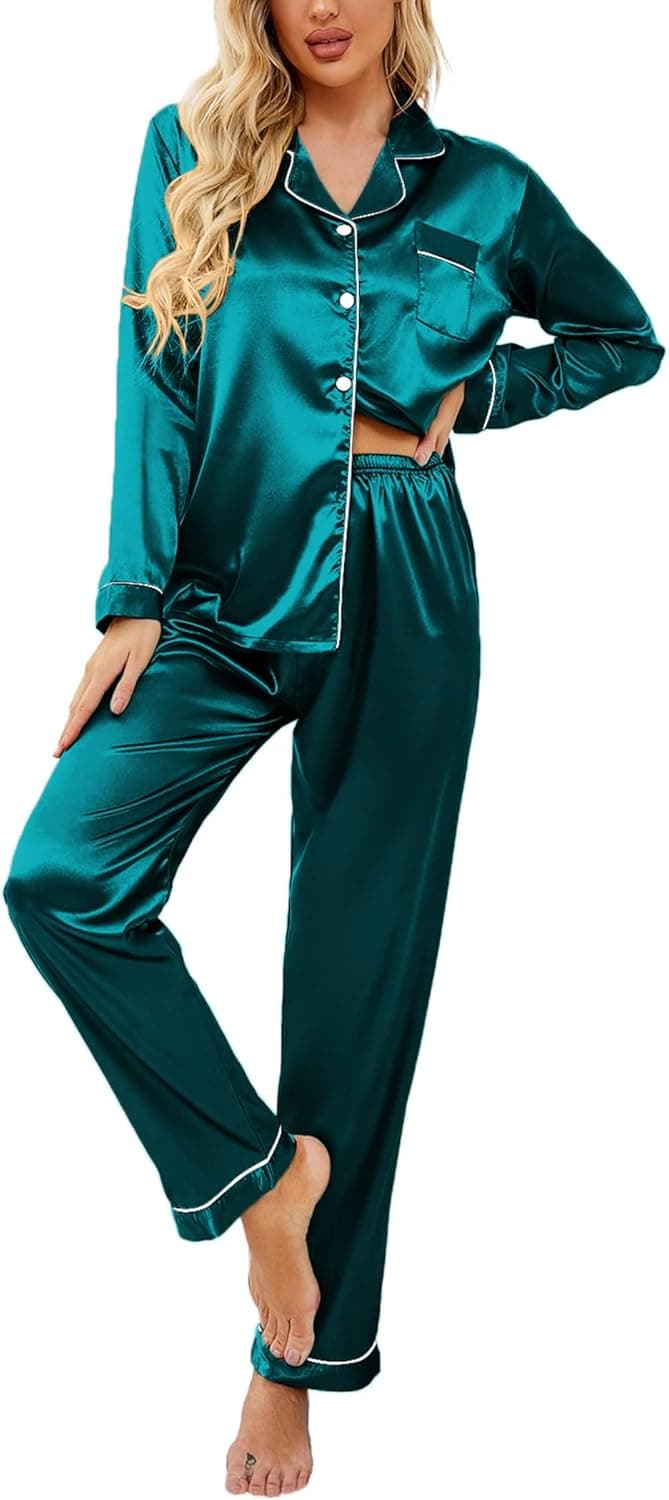 Ekouaer Women's Classic Long Satin Pajama Set