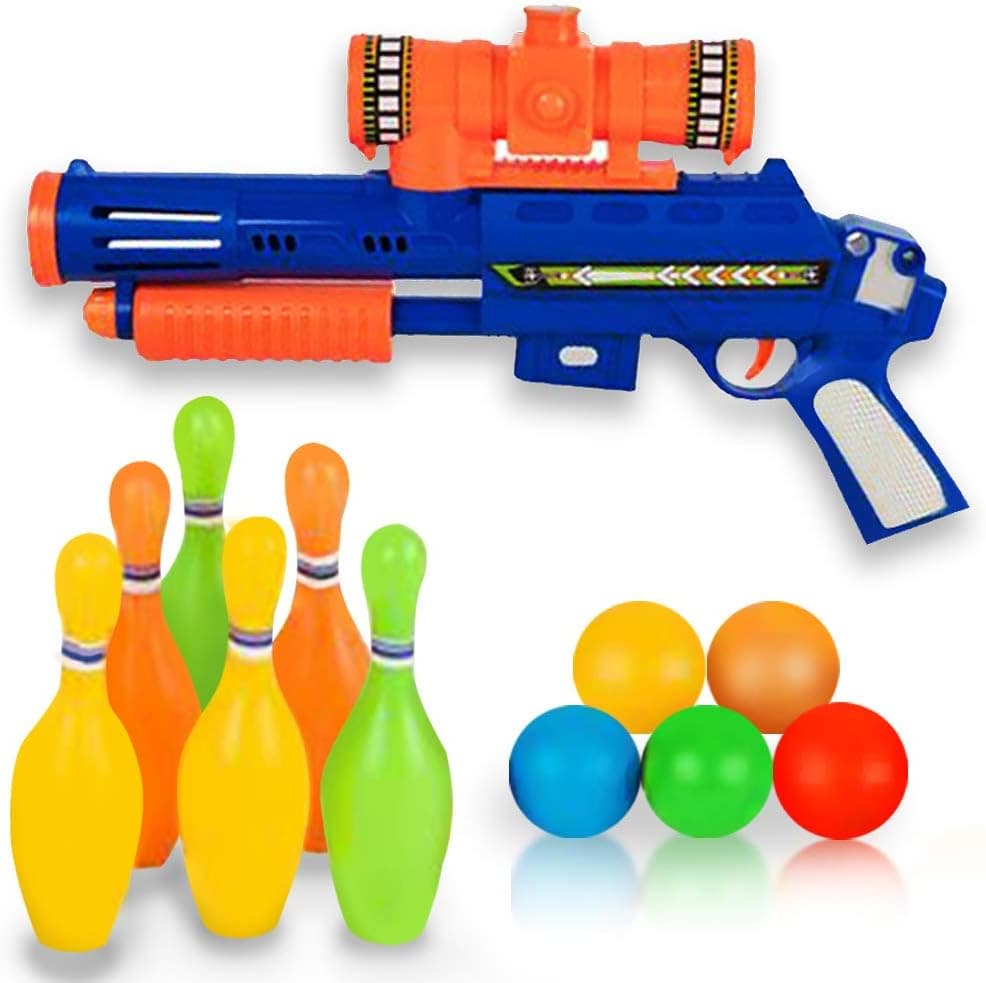 ArtCreativity Bowling Pin Blaster Shooting Game for Kids - Set Includes 1 Toy Gun, 4 Colorful Ping Pong Balls, and 6 Plastic Bowling Pins - Best Gift or Party Activity for Boys and Girls