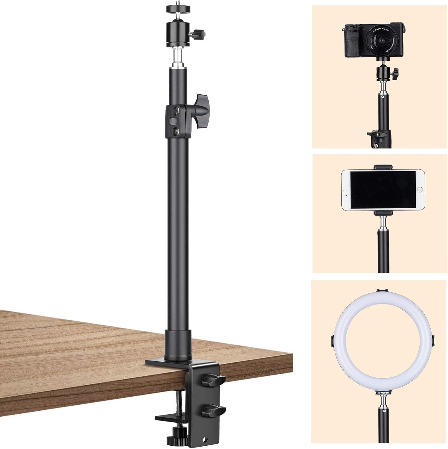 TARION Tabletop Light Stand Camera Mount with 1/4" 3/8" Screws for Ring Light Cameras Desktop Mount L Shape Clip Stand for Live Streaming Photograpghy Videograpghy Film Shooting Virtual Meetings