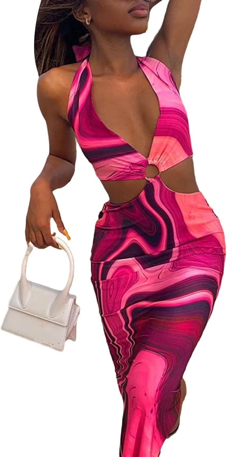 Y2K Sexy Tie Dye Halter Neck Bodycon Dress Split V Neck Cutout Dresses Sleeveless Backless Summer Dresses