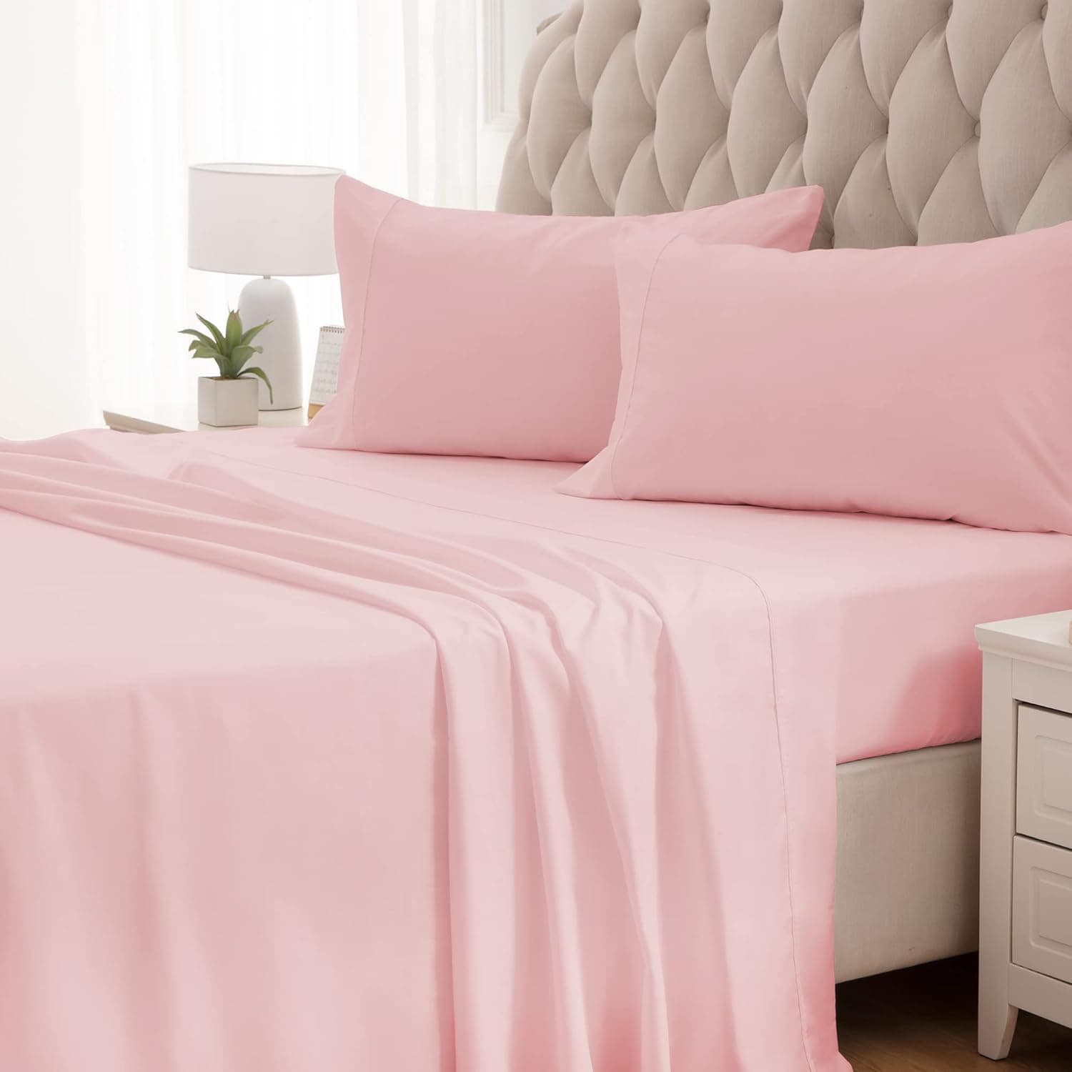 SLEEP ZONE Super Soft Cooling Twin Bed Sheets Set 3 Piece - Easy Care Fitted Flat Sheet & Pillowcase Sets - Wrinkle Free, Fade Resistant, Deep Pocket 16" (Pink, Twin)