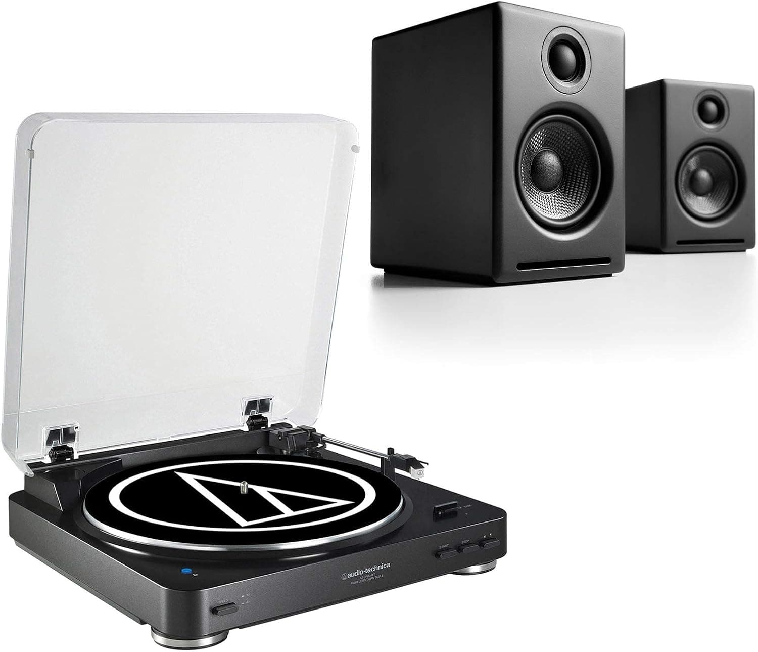 Audio-Technica AT-LP60 Fully Automatic Stereo 2-Speed Turntable System with Audio-engine A2 and Powered Desktop Speakers (Black)