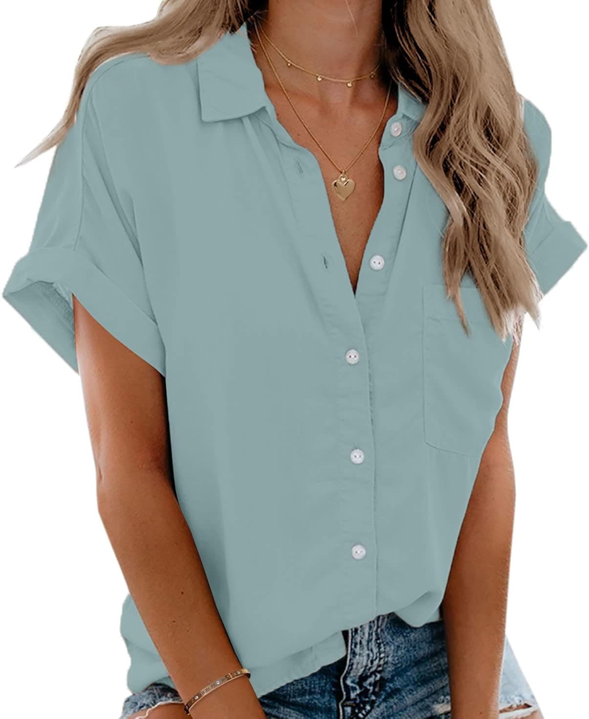 Beautife Womens Short Sleeve Shirts V Neck Collared Button Down Shirt Tops with Pockets