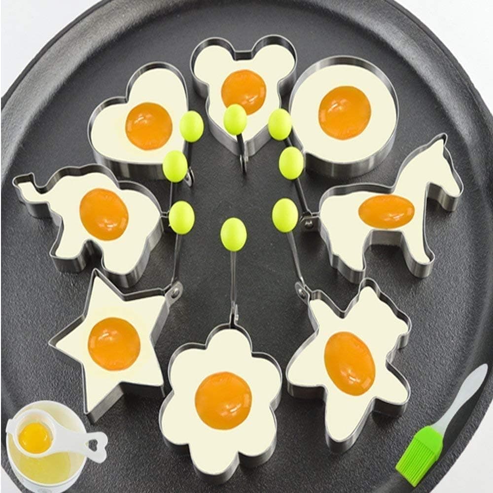 Fried Egg Mold Ring Set of 10 - CHANMOL Stainless Steel Non-Stick Egg Shaper Ring with Silicone Pastry Brush and Egg Separator, Kitchen Cooking Tools for Kids and Lovers (Set of 10(Include Bear))