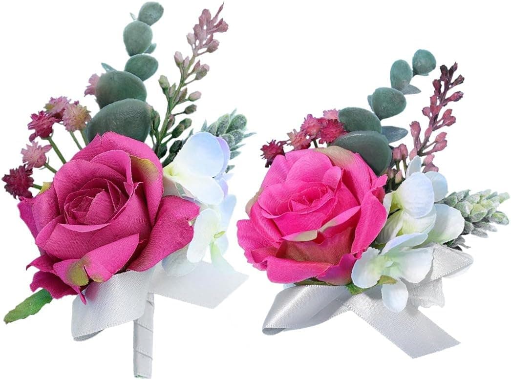 Campsis Wedding Corsage Boutonniere Set Pink Rose Flower Wrist Bride Buttonholes Flower Decor Bride Girls Lady Accessories for Prom and Dinner Party(2pcs)