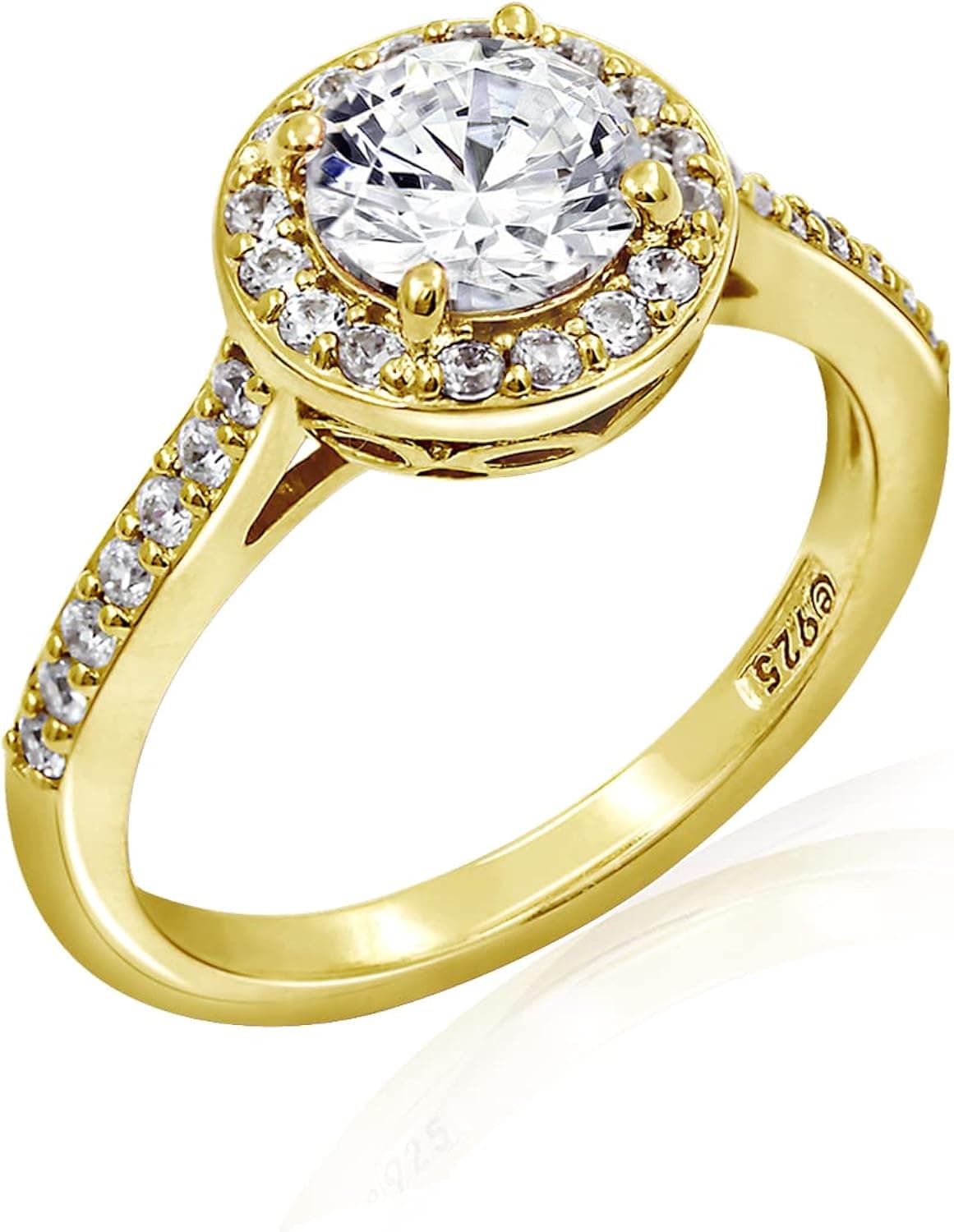 Amazon Collection Platinum or Gold Plated Sterling Silver Round Halo Ring Made with Infinite Elements Zirconia