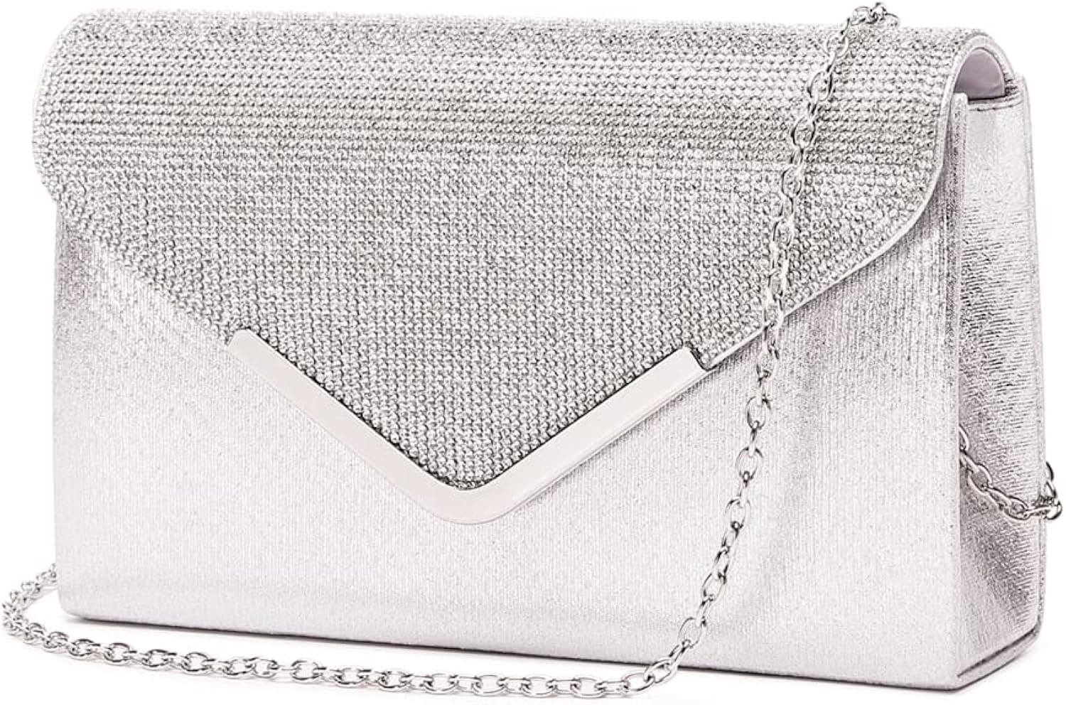 LAM GALLERY Bling Crystal Evening Clutch Chain Crossbody Bag Sparkle Silver Bridal Purse for Wedding Cocktail Party
