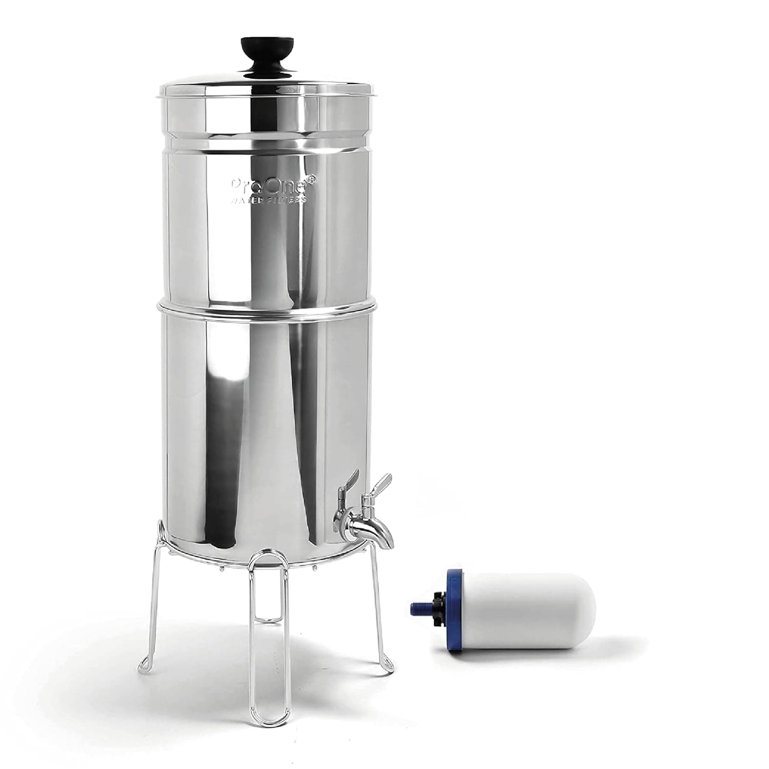 ProOne Traveler+ Stainless-Steel Gravity Water Filter System, 2.25-Gallon Water Capacity, Countertop Water Dispenser for Home, Camping, and Travel w/ (1) 5-inch Filter & Wire Stand