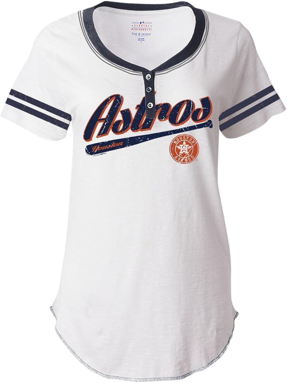 5th & Ocean MLB Houston Astros Women's Scoop Neck Henley Tee, White, Small